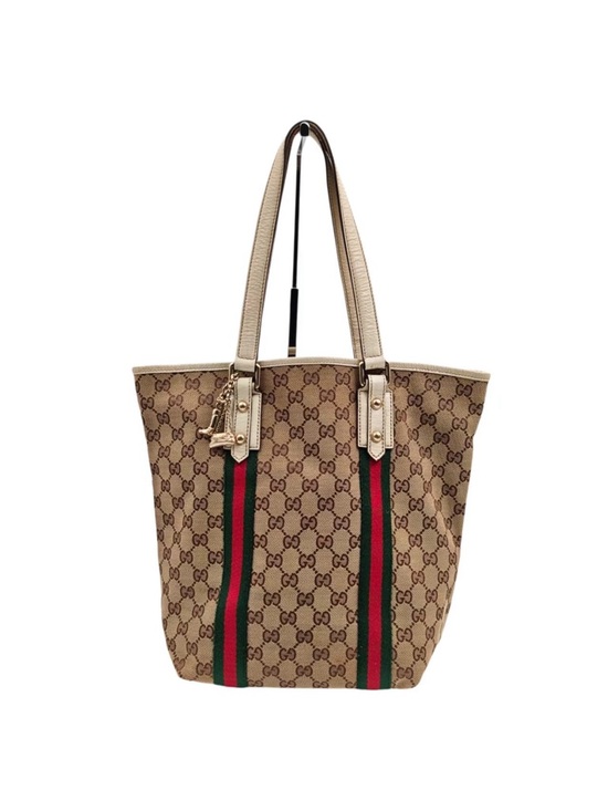 Gucci Handbags - Gucci Beige GG Canvas Tote with Green-Red Stripe